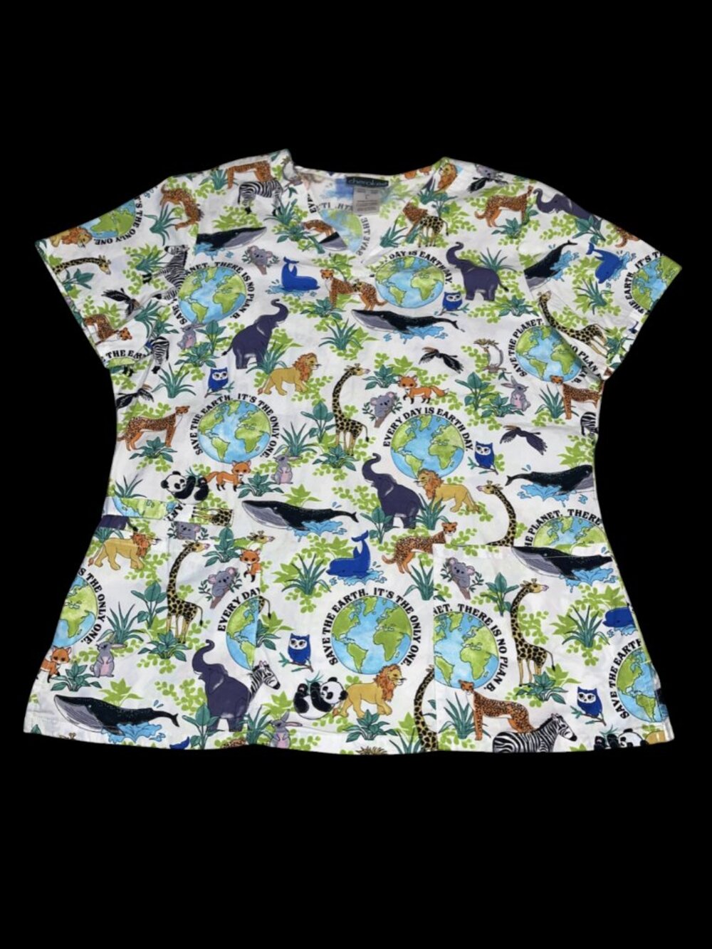Cherokee Scrub Top Large Animal Earth Day Save the Planet Elephant Panda Fox
